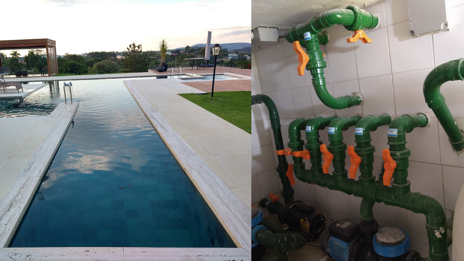 Contraste entre a água da piscina e a hidráulica em PVC da casa de máquinas