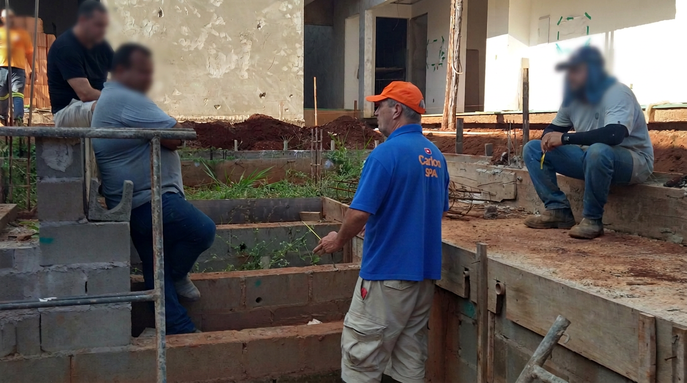 Profissional analisando projeto técnico de piscina com escalímetro